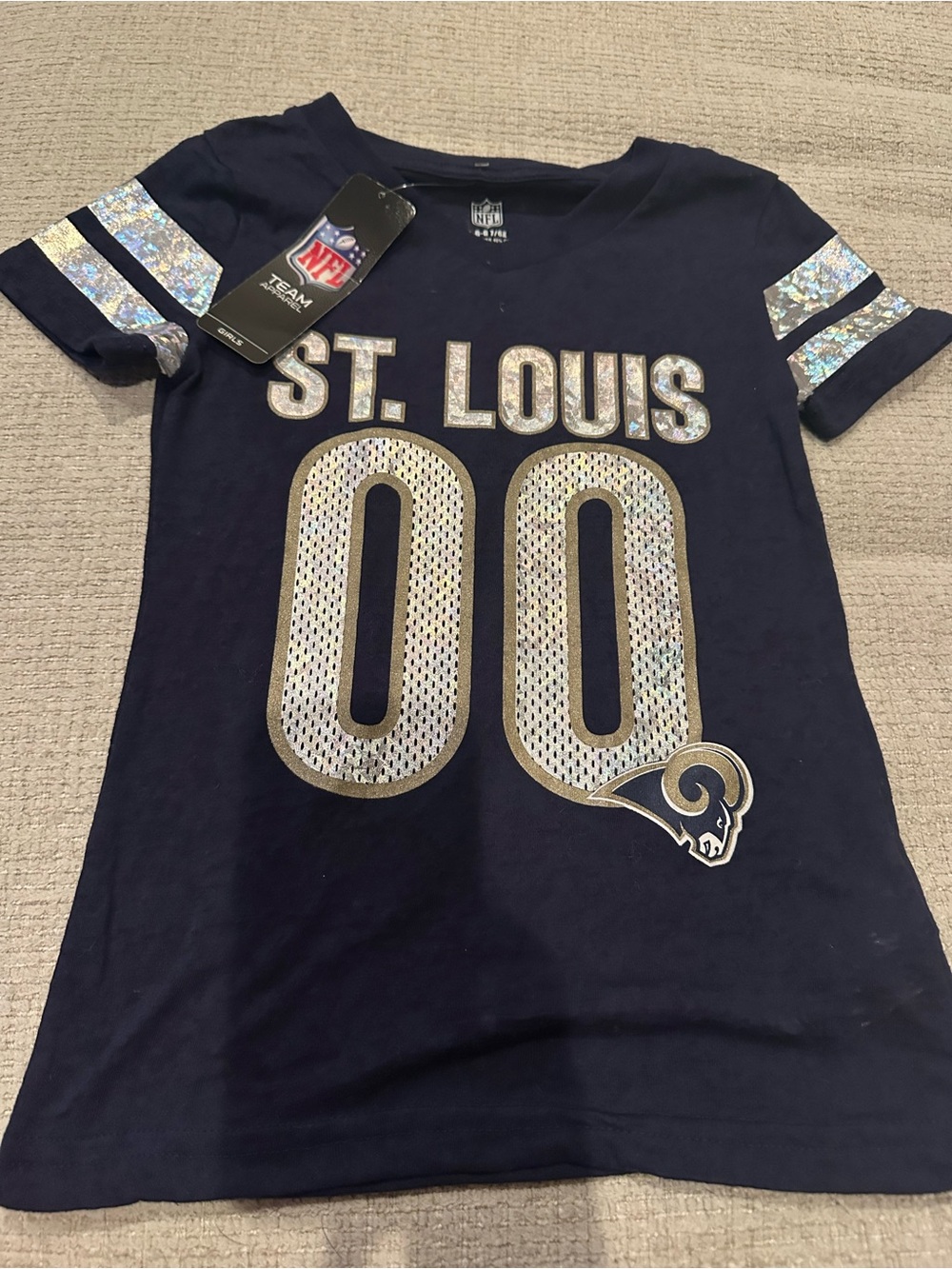NFL St. Louis Rams Kids Navy Glitter Logo Tee Size 7